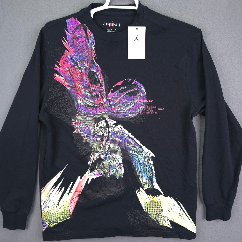 Jordan T-Shirt Engineered Glitch Graphic Black Mens M Cotton Long Sleeve
